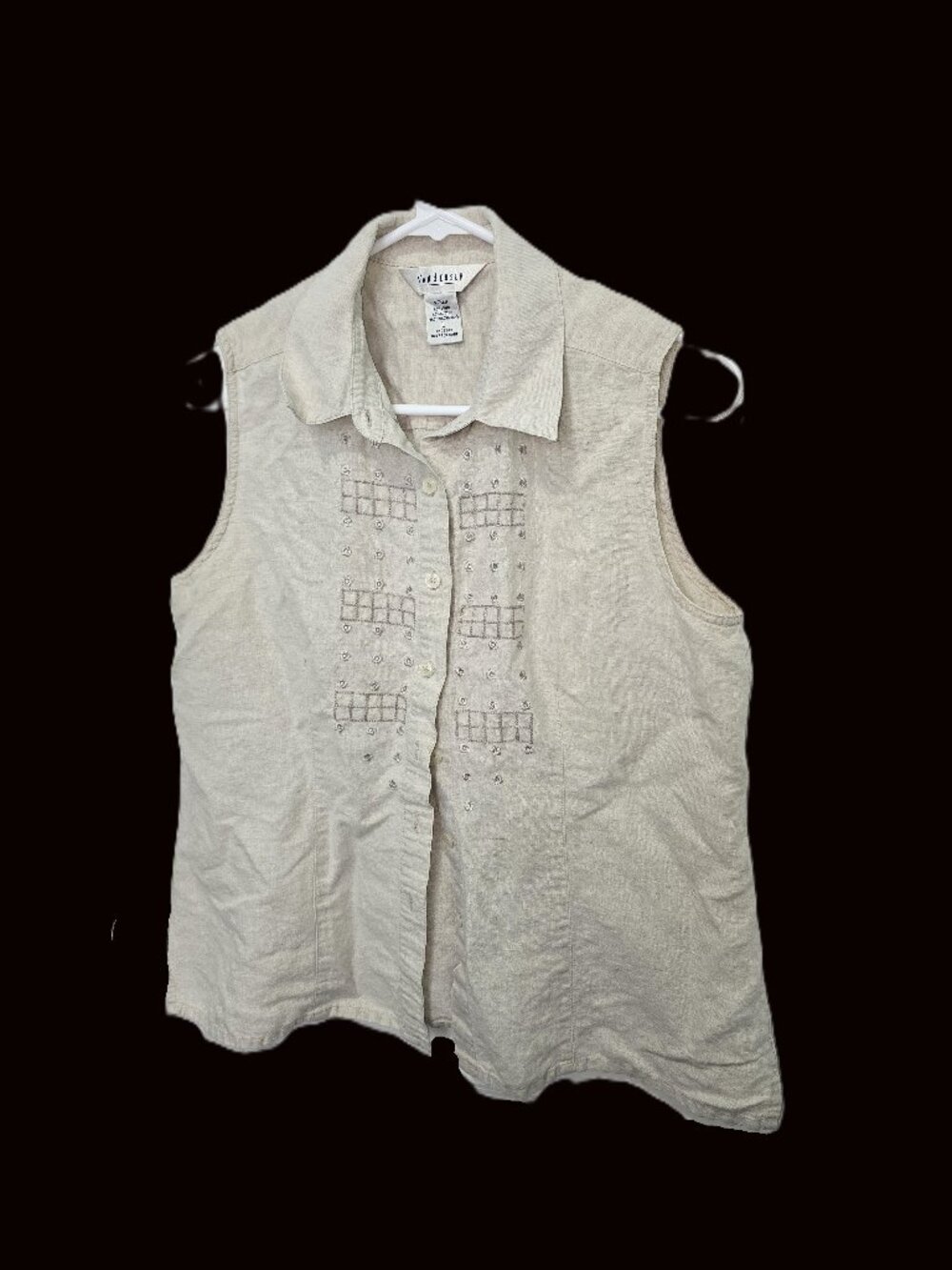 Van Heusen Linen Cotton Blend Embroidered Top Sleeveless Tan